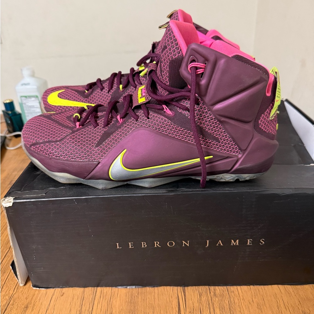 LeBron James 12 Double Helix Maroon and Pink High-Top Sneakers